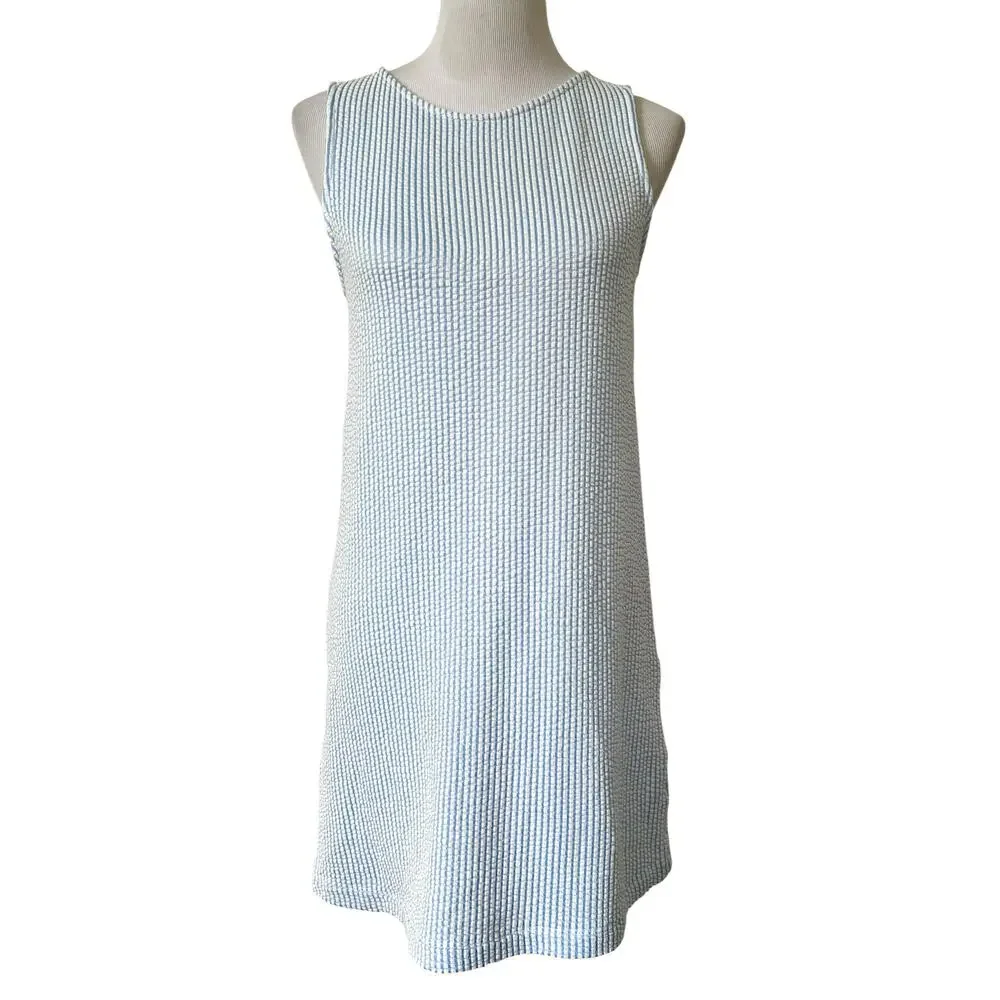 Women’s Seersucker Mini Dress Blue & White Sleeveless Cotton Blend Stretch Sz M - Picture 1 of 8